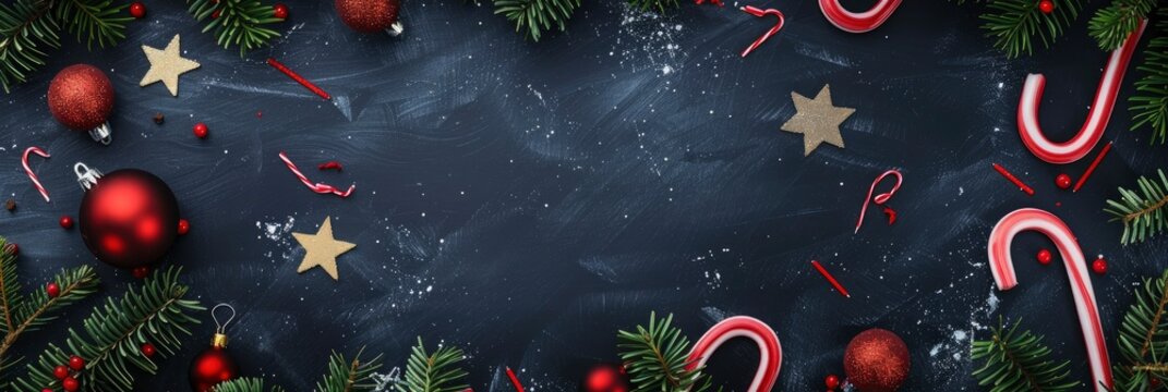 Christmas themed background with blackboard and stars, decorated for Christmas, candy cane decorations, evergreen branches and red ornaments on the bottom edge of photo