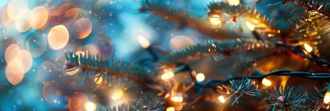 Closeup of Christmas tree lights outoffocus, background . A highresolution photograph captured using Hasselblad camera and natural lighting , Banner Image For Website, Background