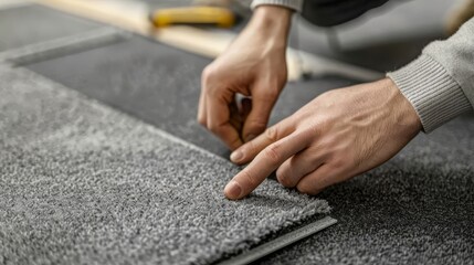 worker installing carpet tiles on the floor