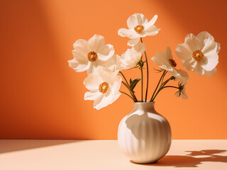 Vase with white flowers enhances the orange background, casting shadows
