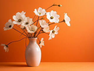 White flowers in a vase create striking shadows on the orange background
