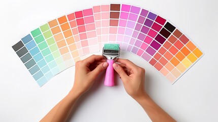 color swatch and paint roll in hands on white wall background - obrazy, fototapety, plakaty