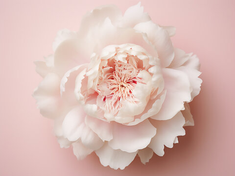 Conceptual image of a greeting card with white peony on pink background
