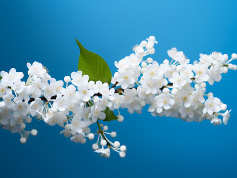 Blue background with white bird cherry flowers, perfect for holiday cards