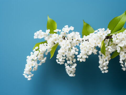Blue background serves as the backdrop for white bird cherry flowers, ideal for cards