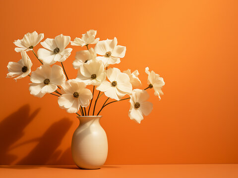 White flowers arranged in a vase stand out against an orange backdrop with shadows