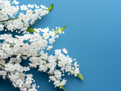 Copy space available on blue backdrop adorned with bird cherry flowers