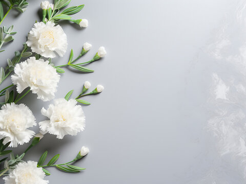 Pastel gray background hosts composition of white carnation and silver green leaves