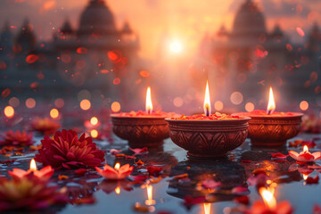 Traditional indian burning lamp and orange flowers. Ethnic decorations for Indian festival of lights Diwali and Pongal. Ugadi, Gudi Padwa. Hindu New Year. Religion concept with copy space