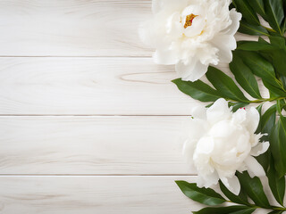 Mockup featuring white peony and leaves on rustic wooden backdrop
