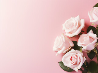 Top view of pastel pink backdrop adorned with white roses and buds