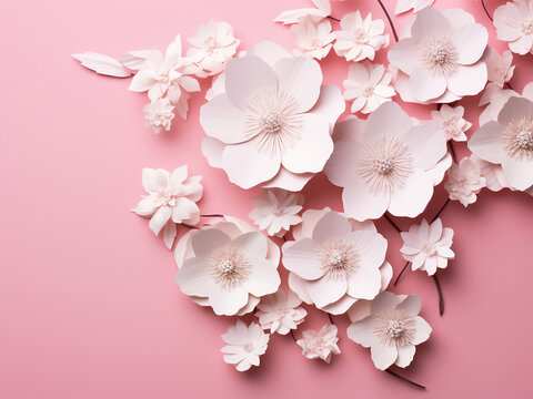 Artful display white paper flowers intricately cut on pink background