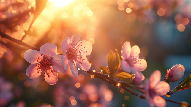 A close-up view of delicate pink cherry blossoms basking in the warm, golden sunlight of an early spring evening - Generative AI - Powered by Adobe