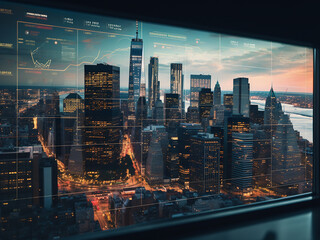 Cityscape reflected in window alongside stock market data