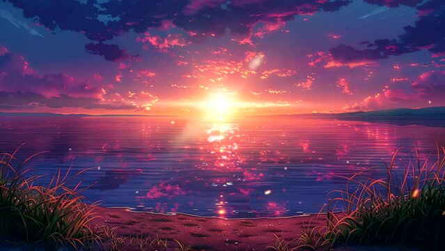 beautiful sunset over water with purple and pink sky. Seamless looping 4k time-lapse video animation background 