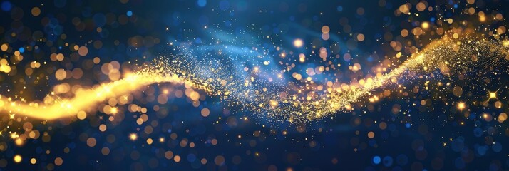 Golden glittering starry magic trail on a blue background with bokeh lights, golden abstract glowing shooting rays of light,New Year celebration banner design - obrazy, fototapety, plakaty