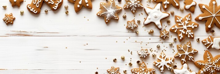 New Year and Christmas gingerbread cookies on a white wooden background with copy space, Banner Image For Website, Background