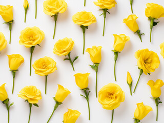 Creative flower background top view of yellow lisianthus on white