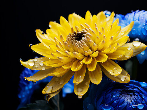Fresh yellow and blue chrysanthemum butterfly showcased