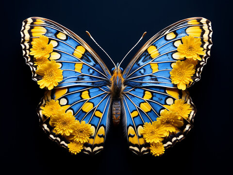 Vibrant chrysanthemum butterfly in yellow and blue hues