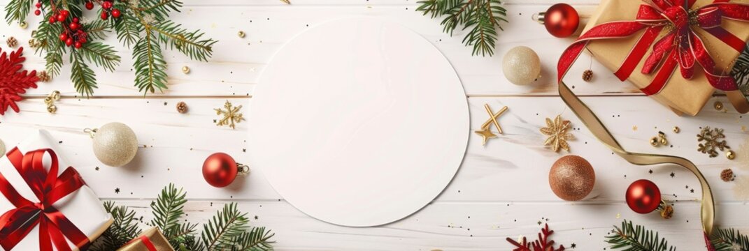 White circle mockup with blank space for text against a Christmas themed background with golden and red decorations like gifts, Banner Image For Website, Background