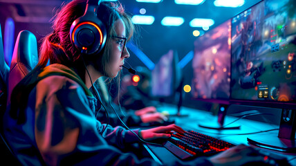 A focused woman participates in an intense gaming session, illuminated by the colorful glow of her computer monitors in a dark room - Generative AI