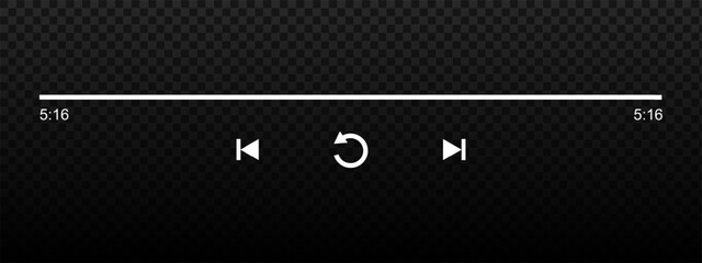 Audio or video player progress loading bar with time slider, repeat, rewind and fast forward buttons. Playback end template of song, audiobook or podcast app interface. Vector graphic illustration. - obrazy, fototapety, plakaty