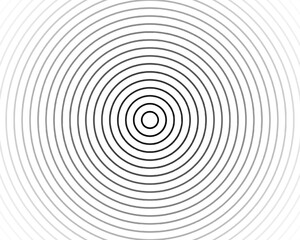 Fototapeta na wymiar Concentric circles background with fading effect. Ripples, radiation, sun burst, radio signal, target, sonar wave wallpaper. Simple black and white illustration with hypnotic visual effect.