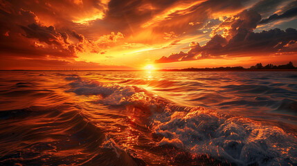 The sun is setting over the ocean, casting a warm glow on the water. AI.