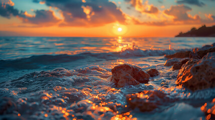 The ocean is calm and the sun is setting, creating a beautiful. AI.