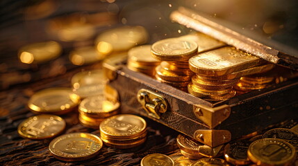 An open treasure chest filled with gold coins spills over against a dark, moody background - Generative AI