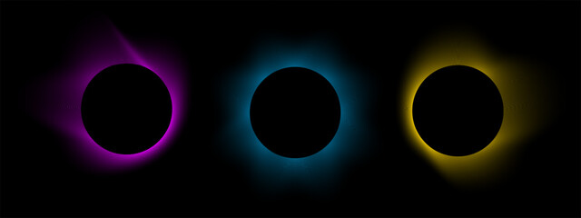 Set of blurry round frames. Circle shapes with pink, blue and yellow neon soft gradient borders isolated on dark background. Abstract design elements with empty space. Vector illustration.