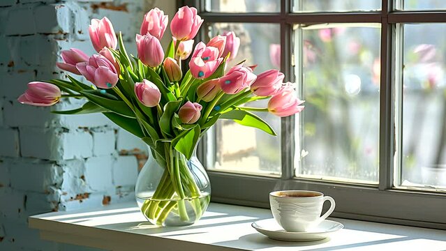 cup of coffee and tulips in the window. Seamless looping 4k time-lapse video animation background 
