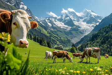 cows grazing at the green meadow with snowcapped mountains of the alps in   background © travelview