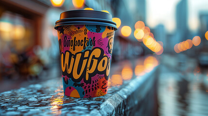 A coffee cup design showcasing graffiti-inspired typography amidst an urban landscape, bursting with vibrant colors and dynamic shapes-1