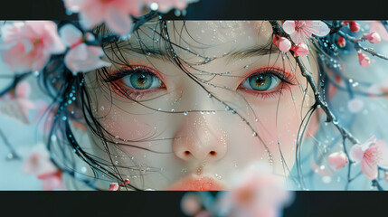 A delicate cherry blossom branch frames the face of an Oiran girl, her eyes sparkling with scholarly ambition-4