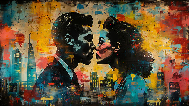 A bustling cityscape with a graffiti-style stencil portraying a vintage man and woman locked in a passionate kiss, amidst vibrant colors and abstract shapes-4