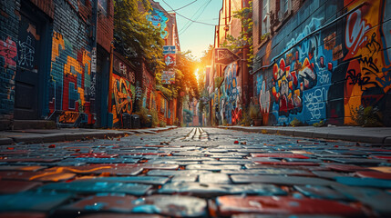 A mysterious alleyway adorned with abstract graffiti masterpieces, each telling a unique story-1 - obrazy, fototapety, plakaty