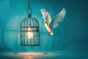 Light bulb inside a cage with flying wings, concept of creativity and idea. - obrazy, fototapety, plakaty