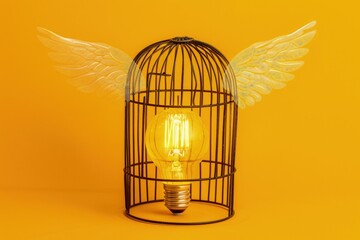 Light bulb inside a cage with flying wings, concept of creativity and idea.