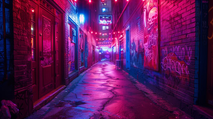 A neon-lit alley reveals a clandestine gallery of vibrant graffiti, hidden from daylight's gaze-1 - obrazy, fototapety, plakaty
