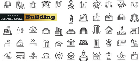 Building web icons in line style. Hotel, hospital, apartament, city, town house, mall, coffee, collection. Vector illustration