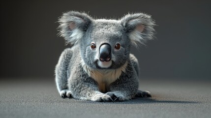 Cute koala on gray background, close-up, selective focus