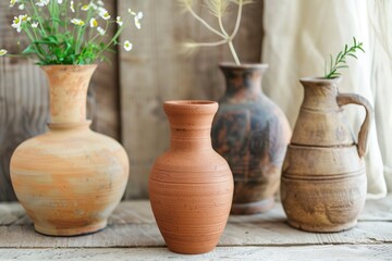 Fototapeta na wymiar Handmade clay vases on a wooden table, concept of craftsmanship, decoration, handiwork.