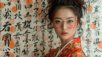 Against a backdrop of traditional calligraphy, an Oiran girl dons glasses, her portrait a blend of classic charm and academic sophistication