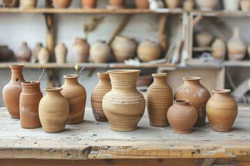 Fototapeta na wymiar Handmade clay vases on a wooden table, concept of craftsmanship, decoration, handiwork.