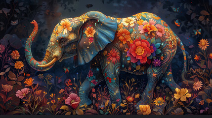 An enchanting elephant adorned in kaleidoscopic hues dances through a lush, abstract jungle-3