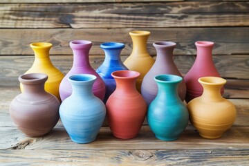 Fototapeta na wymiar Handmade colorful clay vases on a wooden table, concept of craftsmanship, decoration, handiwork.