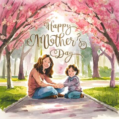 mother and child sitting under a blossoming cherry blossom tree in a serene park, the mother tenderly holding the child's hand, both smiling, soft sunlight filtering through the trees, conveying warmt