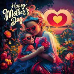 mother and child in a vibrant, colorful embrace. The mother has a gentle smile, and the child is nestled in her arms, both adorned with heart-shaped sunglasses.